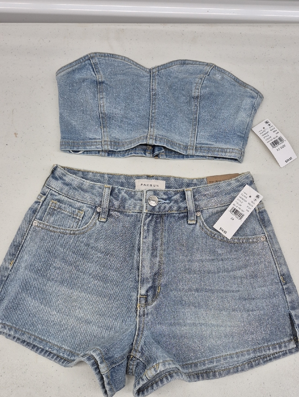 PacSun Faded Frost Blue Denim Bustier and High-Waist Shorts Set